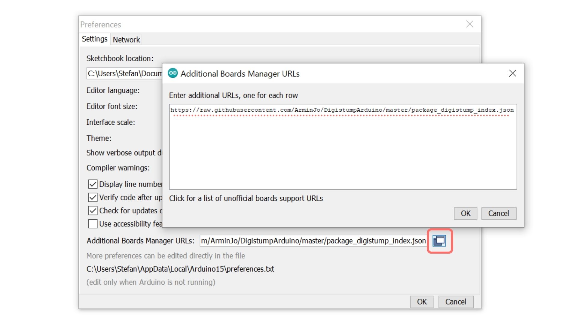 Additional Boards Manager URLs Screenshot