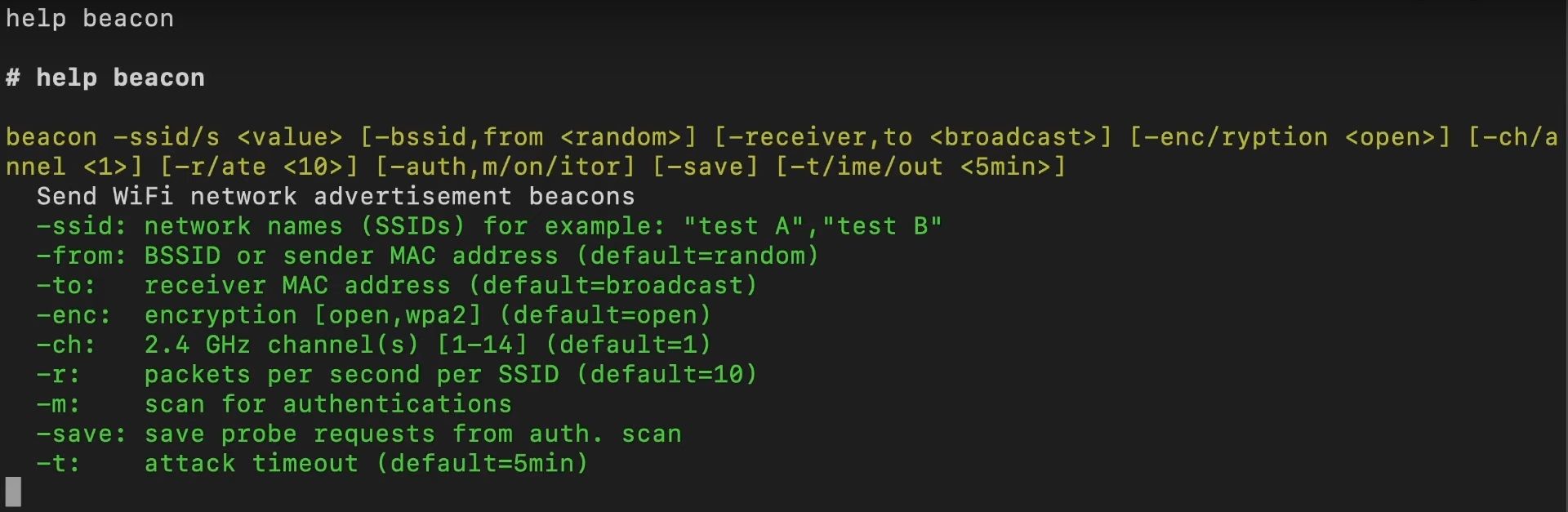 Structure of the Beacon Command and its available arguments