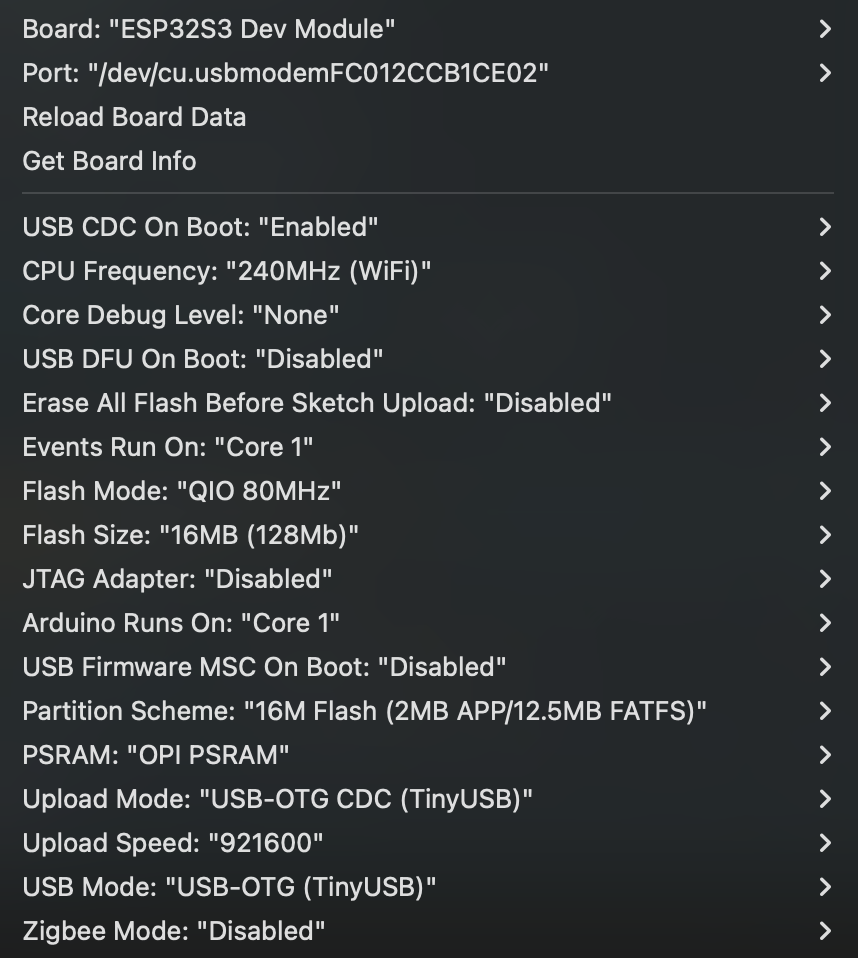 Selected Arduino IDE Board settings