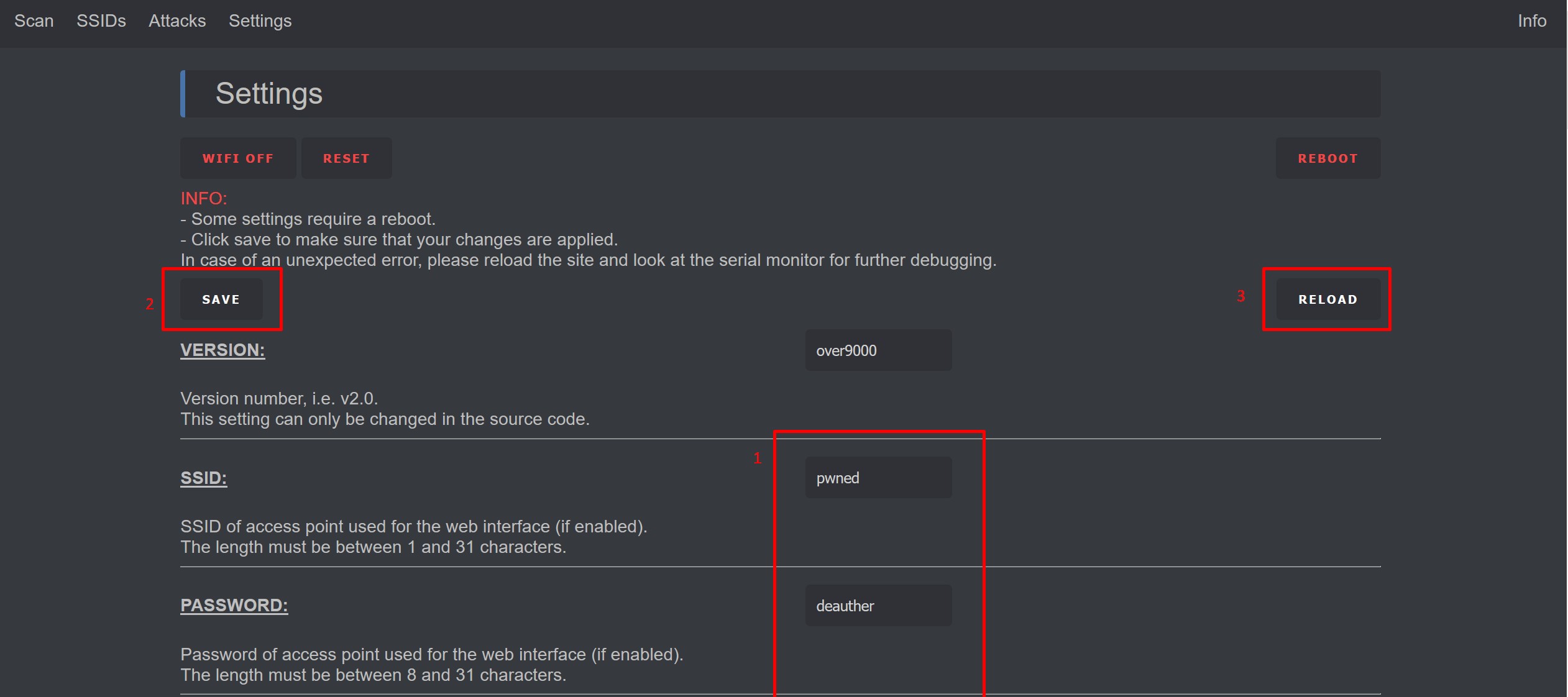 Deauther Settings Page