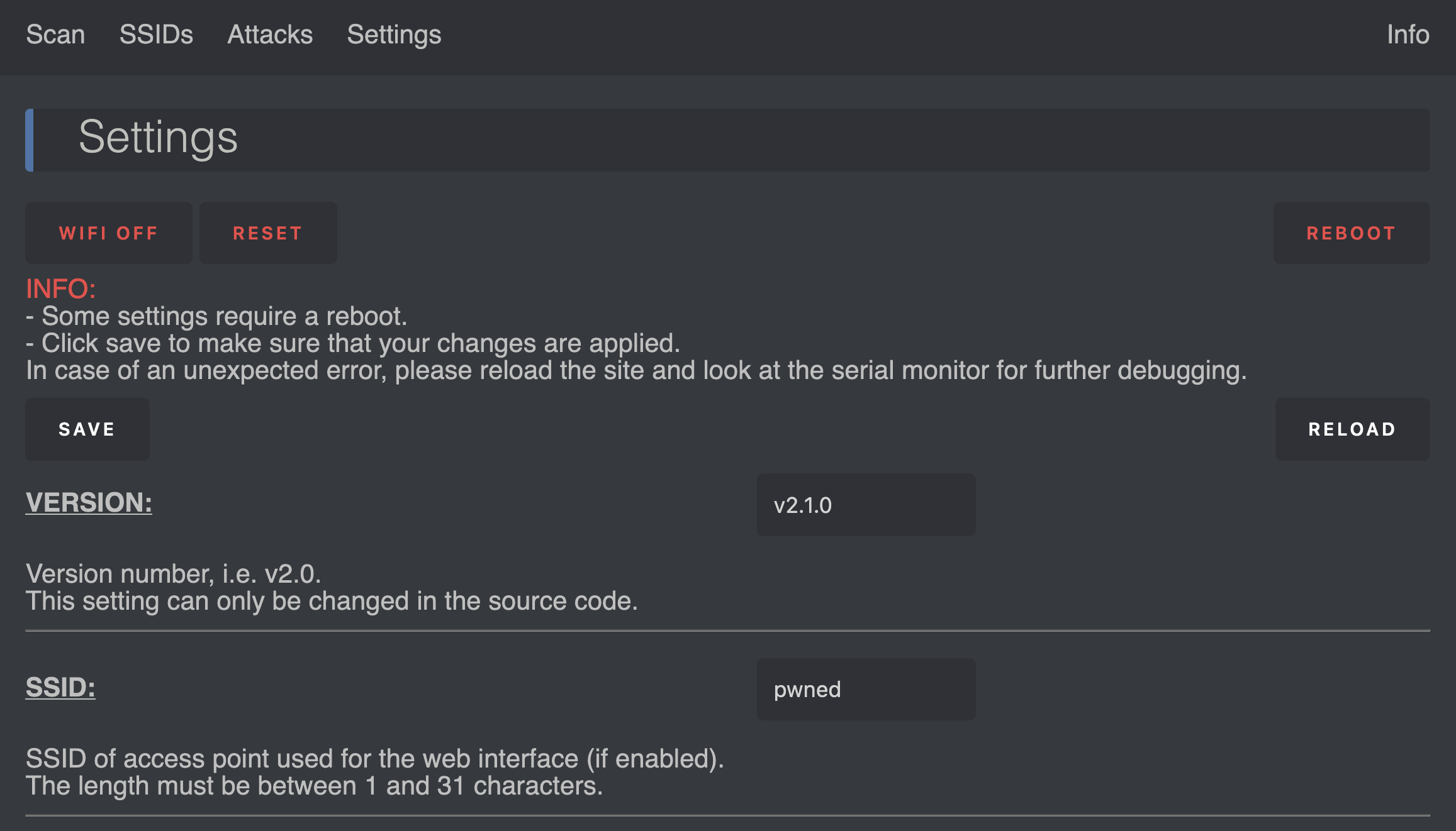 ESP8266 Deauther V2 Settings page