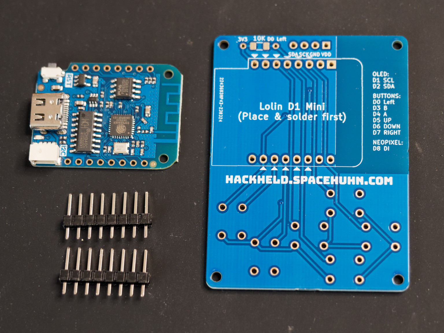 HackHeld Vega PCB, D1 Mini, header pins